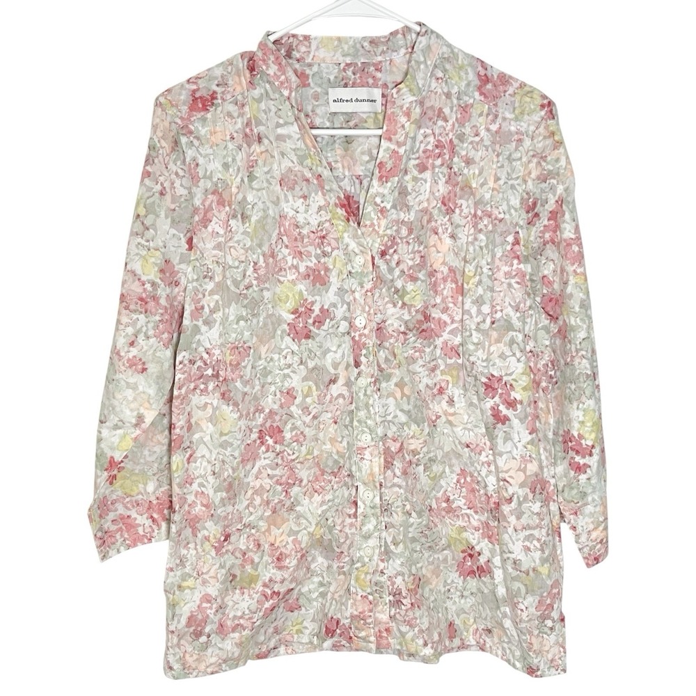 Alfred Dunner 14 Pink Floral Button Down Pintuck Pleated Top Cottagecore‎ Pastel